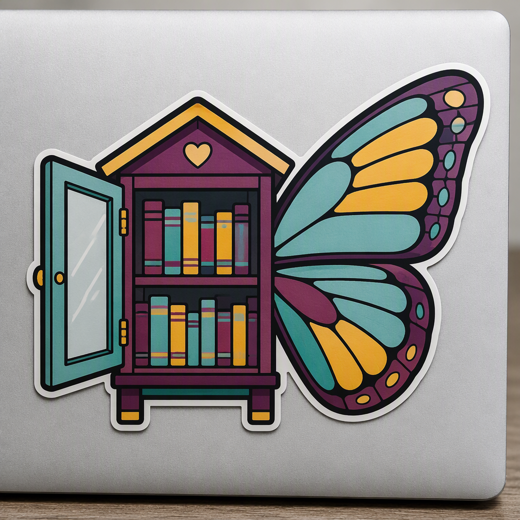 A whimsical little free-standing neighborhood book cabinet opens into a broad butterfly wing, with colorful oversized book spines creating a playful shared-reading scene.