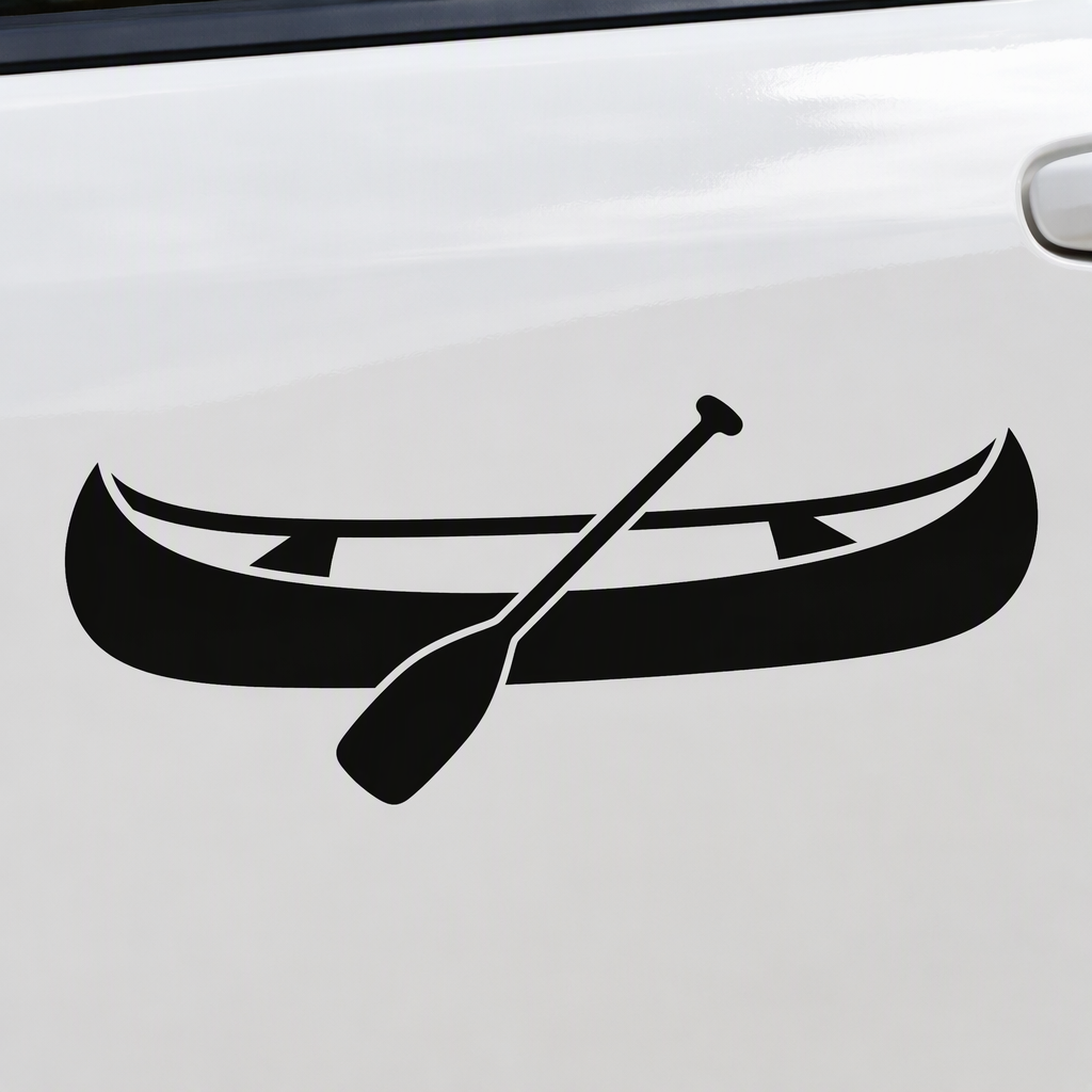 A long black canoe silhouette crossed by one broad paddle creates a clean, expressive tribute to paddling and time on the water.
