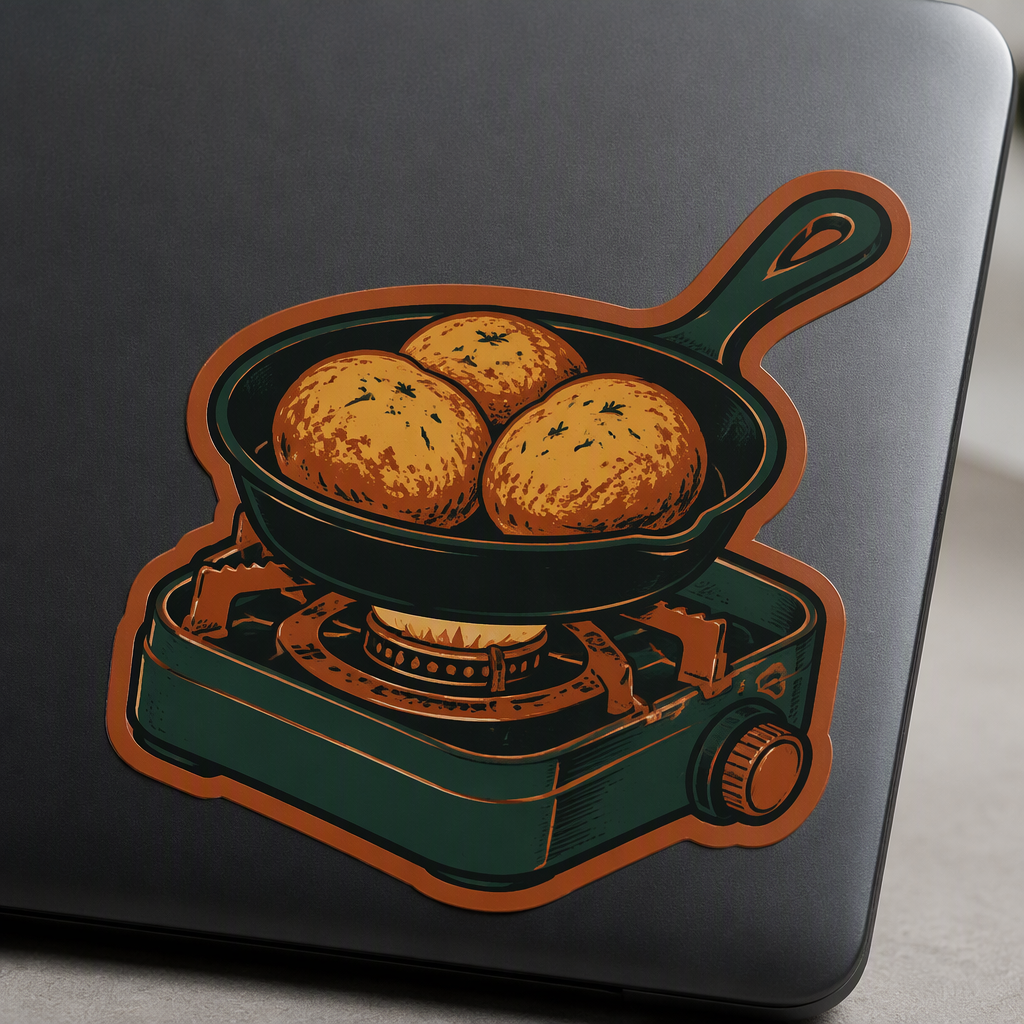 A cast-iron skillet filled with hearty breakfast potatoes sits over a plain camp stove in a compact, connected die-cut design.