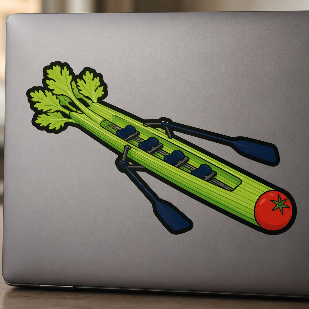 A long wooden rowing shell reimagined as a crisp green celery stalk takes center stage in this playful, text-free food-and-sport mashup, complete with two sturdy navy oars and a small vermilion tomato at the bow.