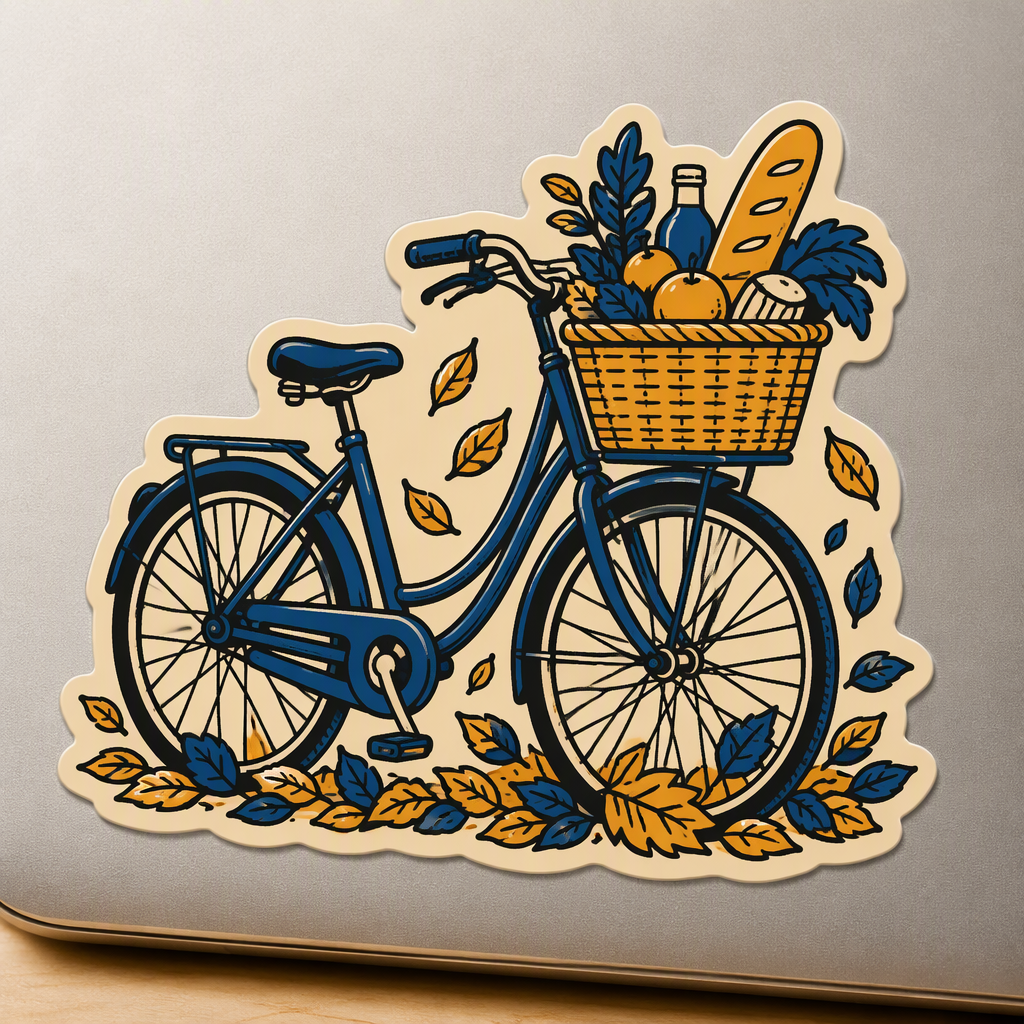 A simple city bicycle carrying a generous grocery basket rides through scattered leaves in a warm cobalt, amber, and cream palette.