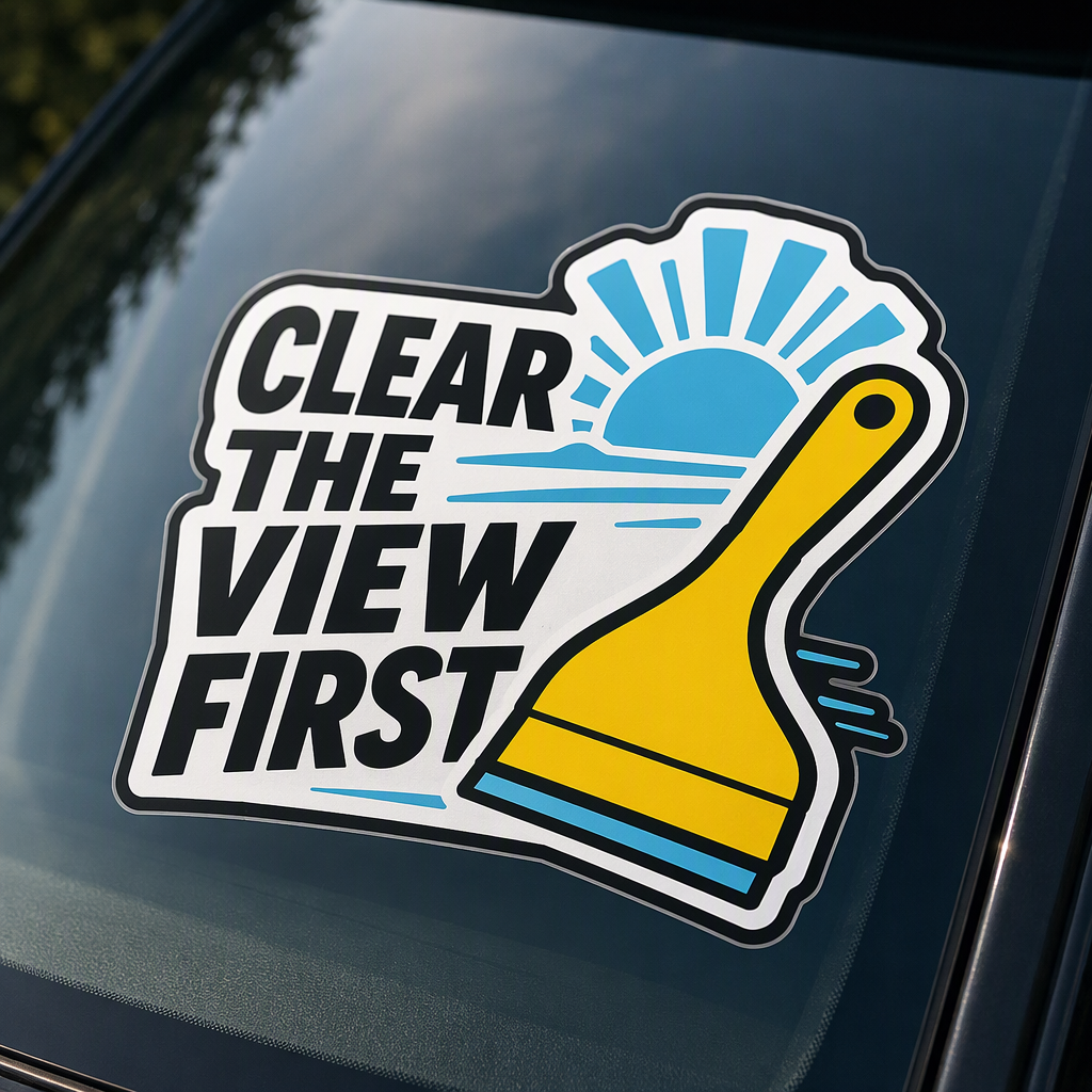 “CLEAR THE VIEW FIRST” is paired with a broad window scraper and sunrise artwork in this die-cut sticker, creating an informative, cautionary reminder about safe visibility before driving.