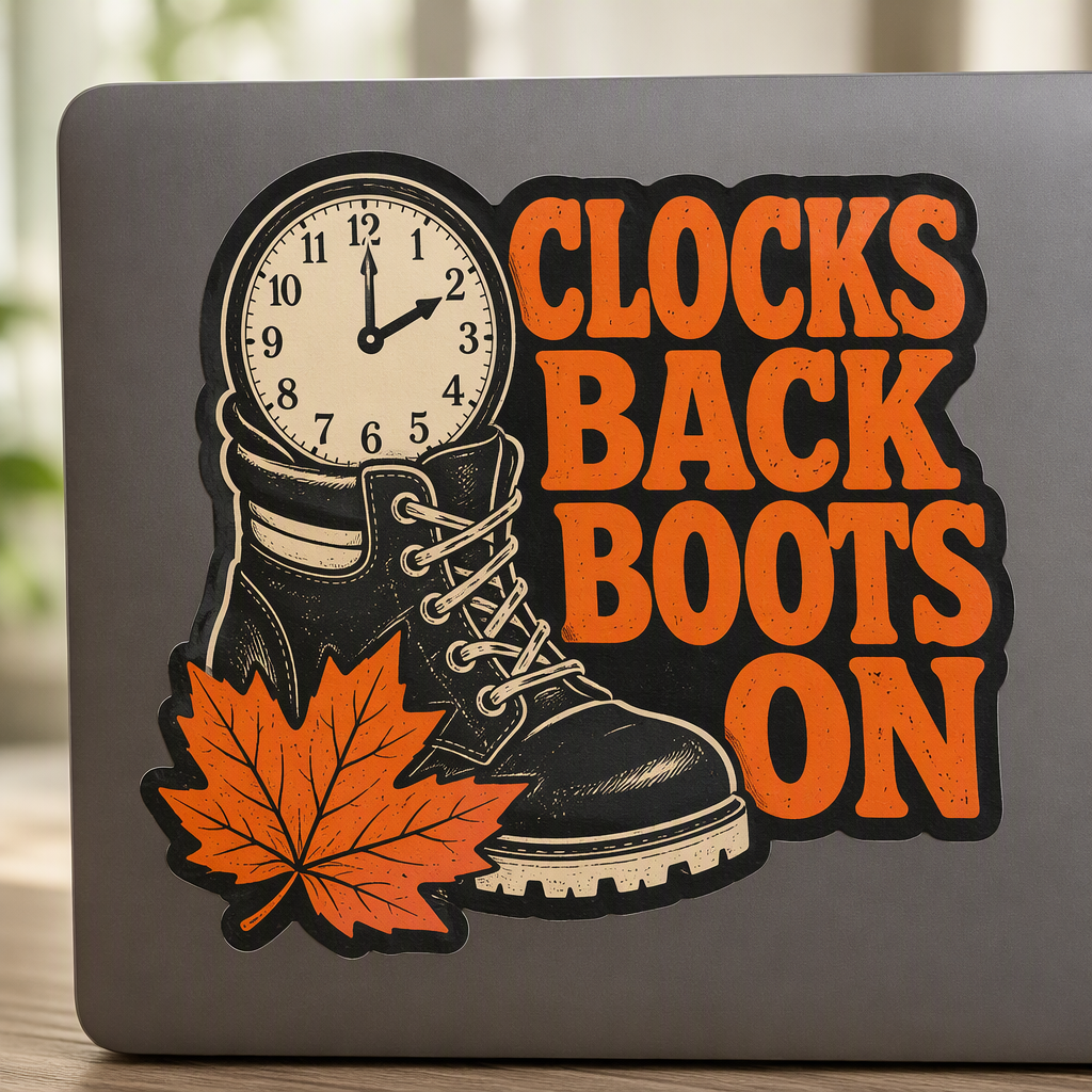 “CLOCKS BACK BOOTS ON” appears in chunky orange lettering beside a plain clock face tucked into a hiking boot and a broad falling leaf.