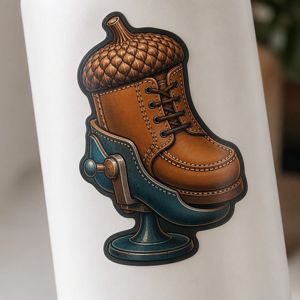 A broad cobbler’s last supports an oversized acorn-shaped leather boot in a confident, practical piece of shoe repair art.