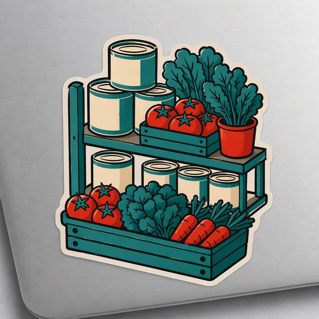 A friendly die-cut illustration shows a community pantry shelf stocked with large unmarked cans, a tomato, leafy greens, and carrots in warm tomato red, teal, and cream.