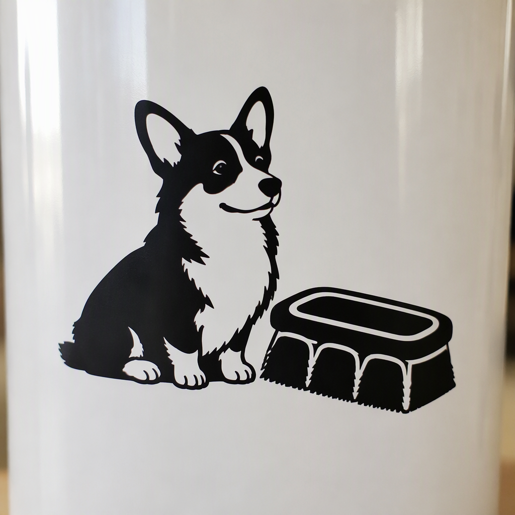 A playful black transfer-vinyl silhouette pairs a sitting corgi with a broad boot brush, creating a clean pet-themed accent with an amusing everyday twist.