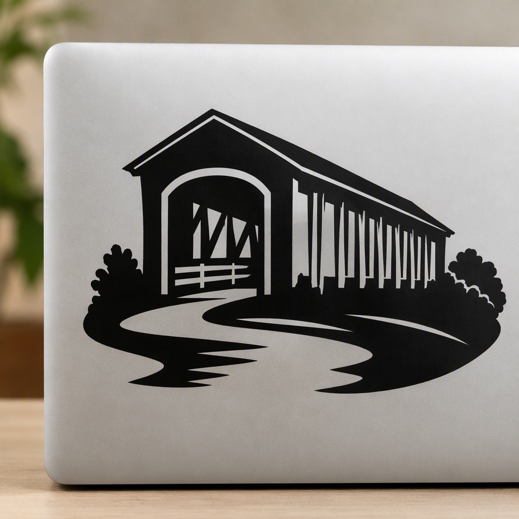 A bold black silhouette of a covered bridge roof and arched opening flows into a single sweeping river line, creating an expressive scene that blends architecture with nature.