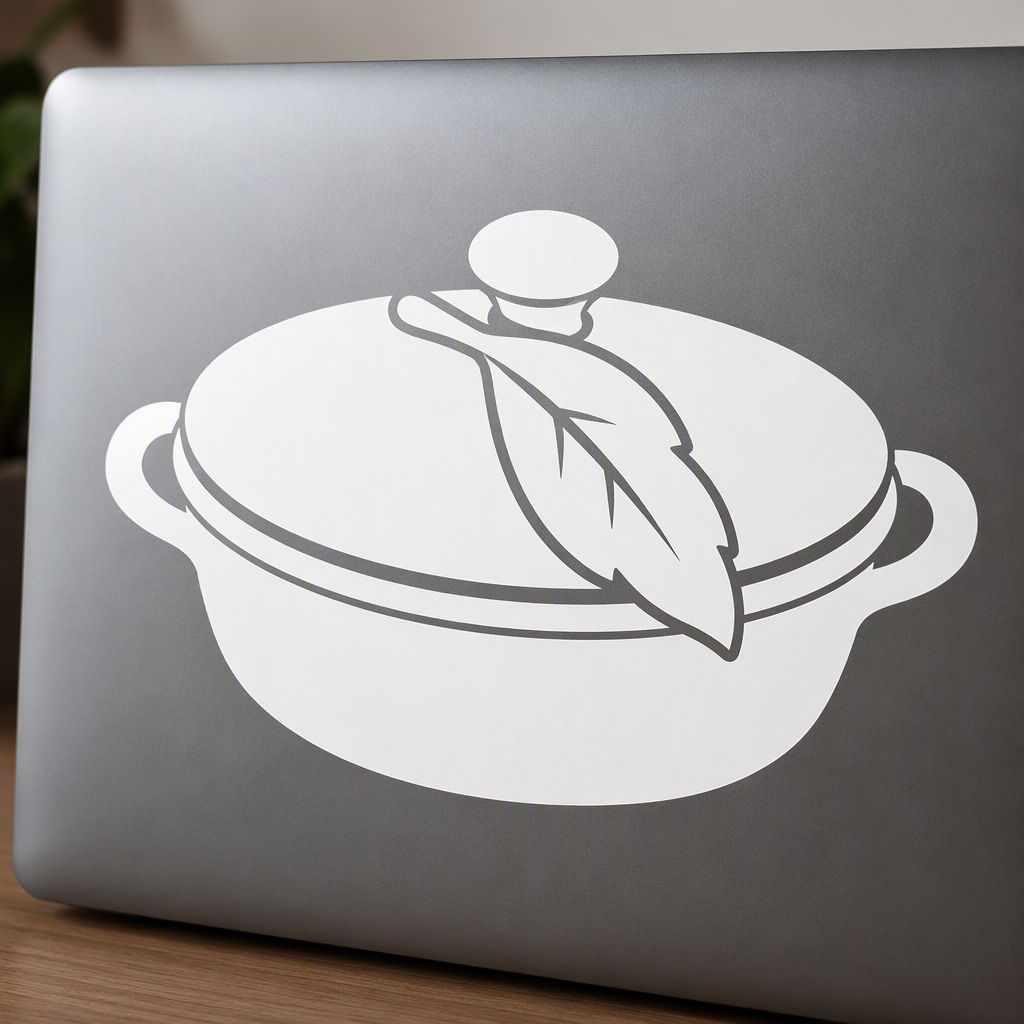 A simple white silhouette of a covered oval roasting dish with a broad bay leaf creates a warm, understated cooking accent for kitchenware.