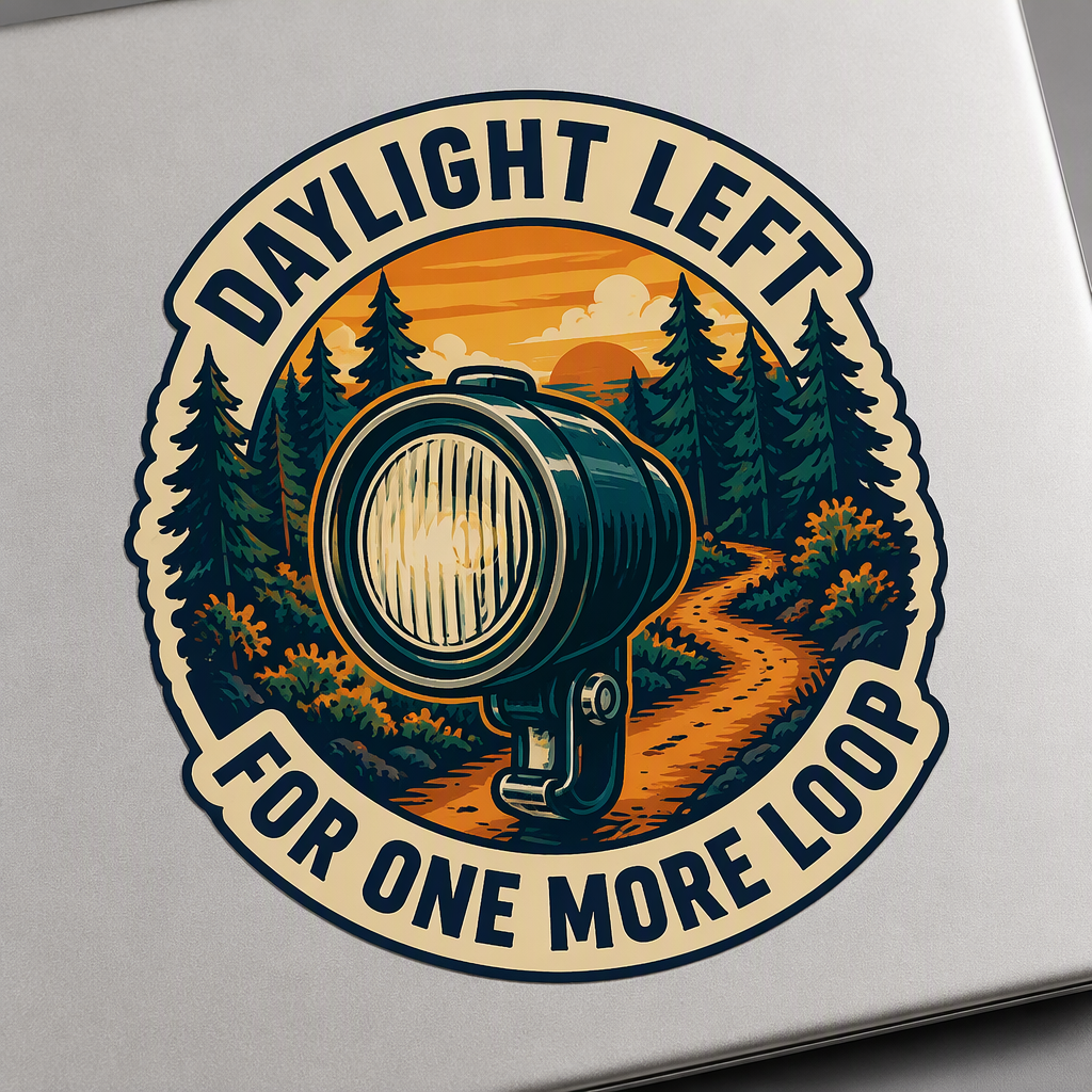 “DAYLIGHT LEFT FOR ONE MORE LOOP” curves in bold navy lettering around a plain bicycle headlamp above a copper woodland trail bend.