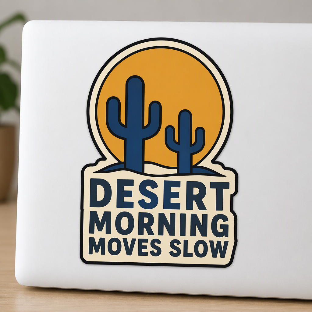 A large sun rises behind low cactus silhouettes above the exact phrase “DESERT MORNING MOVES SLOW,” creating a calm, reflective Southwestern scene in ocher, blue, and cream.
