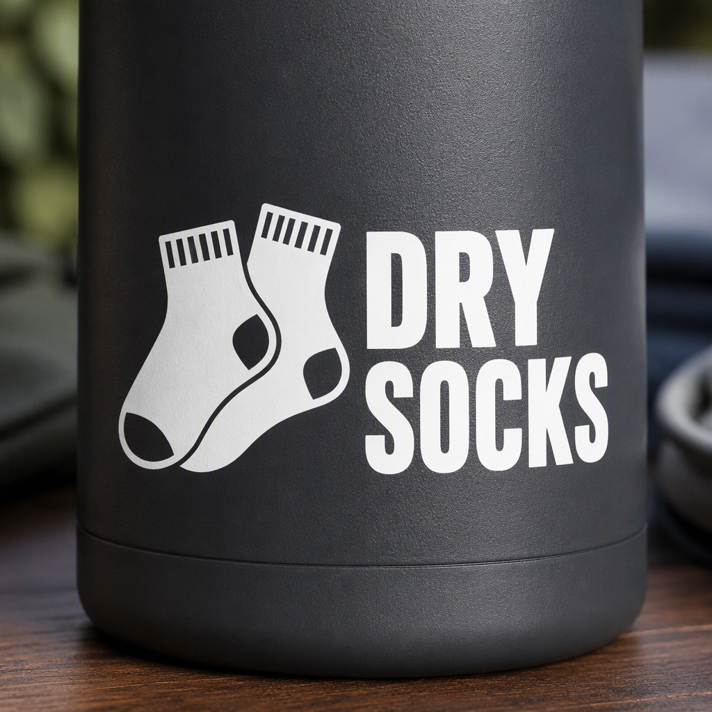 “DRY SOCKS” appears in bold white lettering beside two overlapping ankle socks with broad heel-panel cutouts, creating a playful comfort-themed design for people who appreciate the simple joy of warm, dry socks.