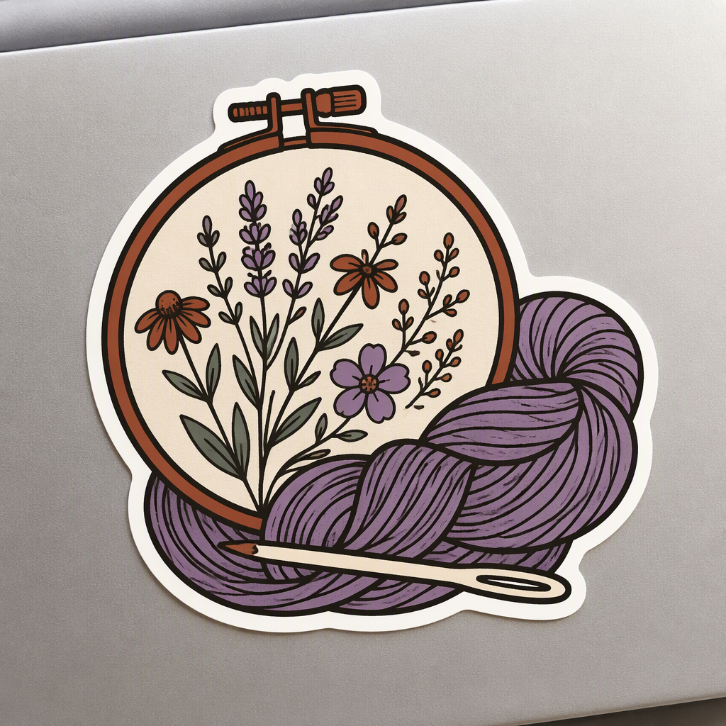 A large embroidery hoop filled with simple wildflower stems sits beside thick yarn and a blunt needle in this warm, artistic craft design.