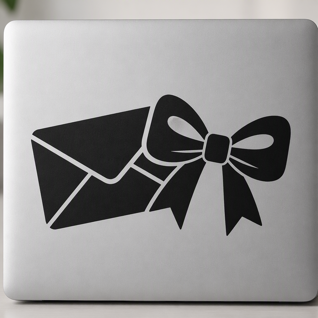 A bold black envelope beside a broad ribbon bow creates an expressive gift-themed accent with a clean, polished silhouette.