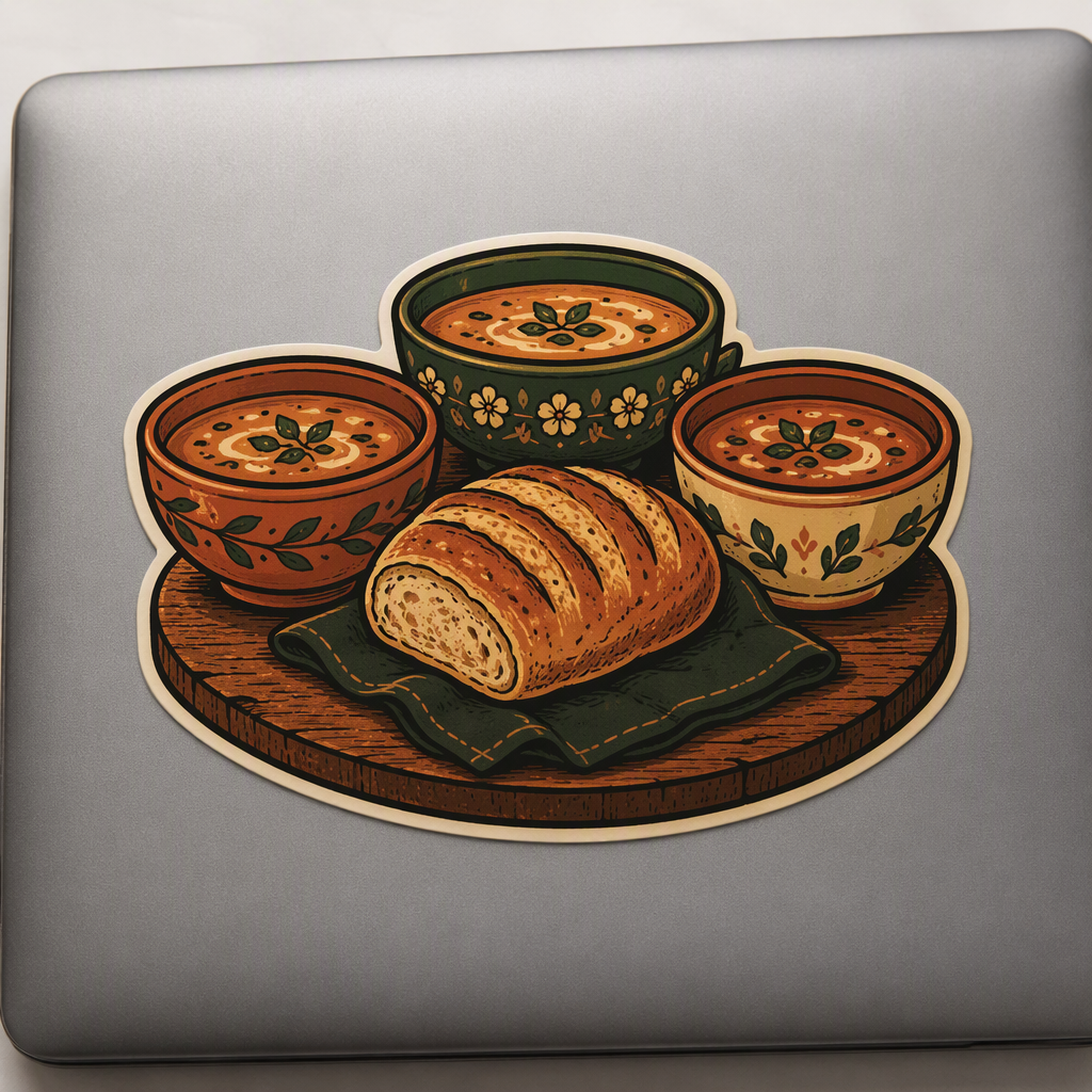 Three mismatched soup bowls and a shared loaf create a warm family kitchen table scene in restrained vintage travel-illustration style, colored with terracotta, pine green, and pale gold.