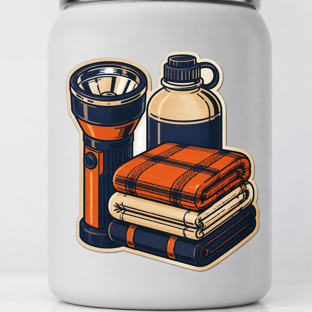 A large flashlight beside folded blankets and a plain water jug creates a bold, nostalgic outdoor scene with a travel-poster feel.