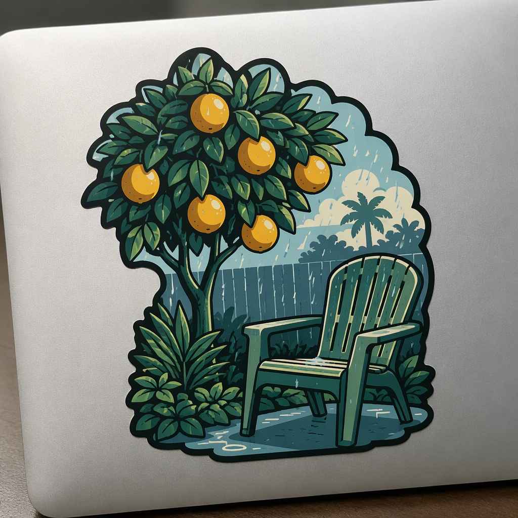 A Florida backyard citrus tree rises beside a simple garden chair as warm winter rain falls across emerald, gold, and mist-blue geometric shapes.