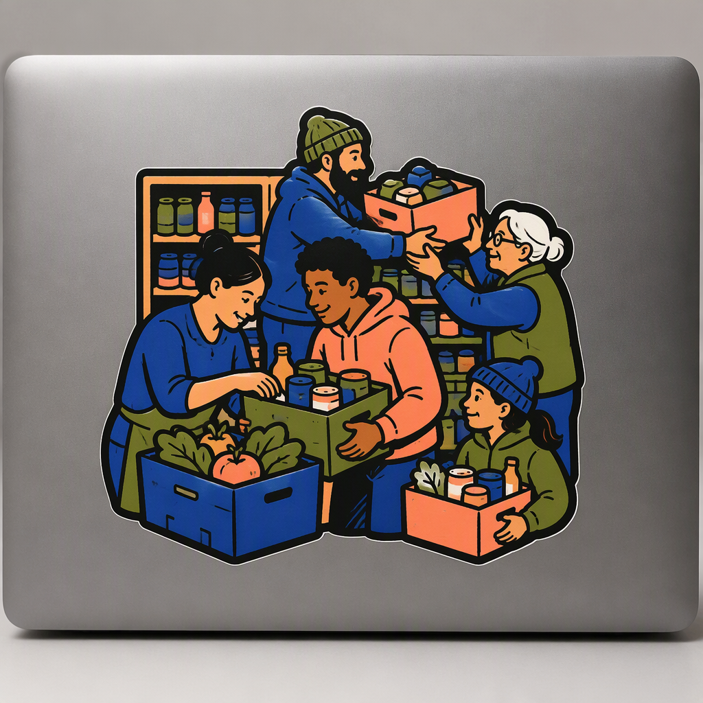 Bright cobalt, peach, and moss colors bring this folk-art-inspired die-cut sticker to life, showing neighbors loading unbranded food boxes at a local volunteer pantry.