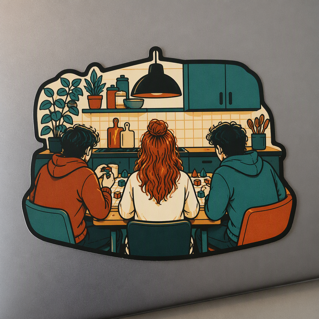Three friends gathered at a kitchen game table are shown from behind in a compact angular scene, with simple geometric tokens and a teal, rust, and ivory palette.