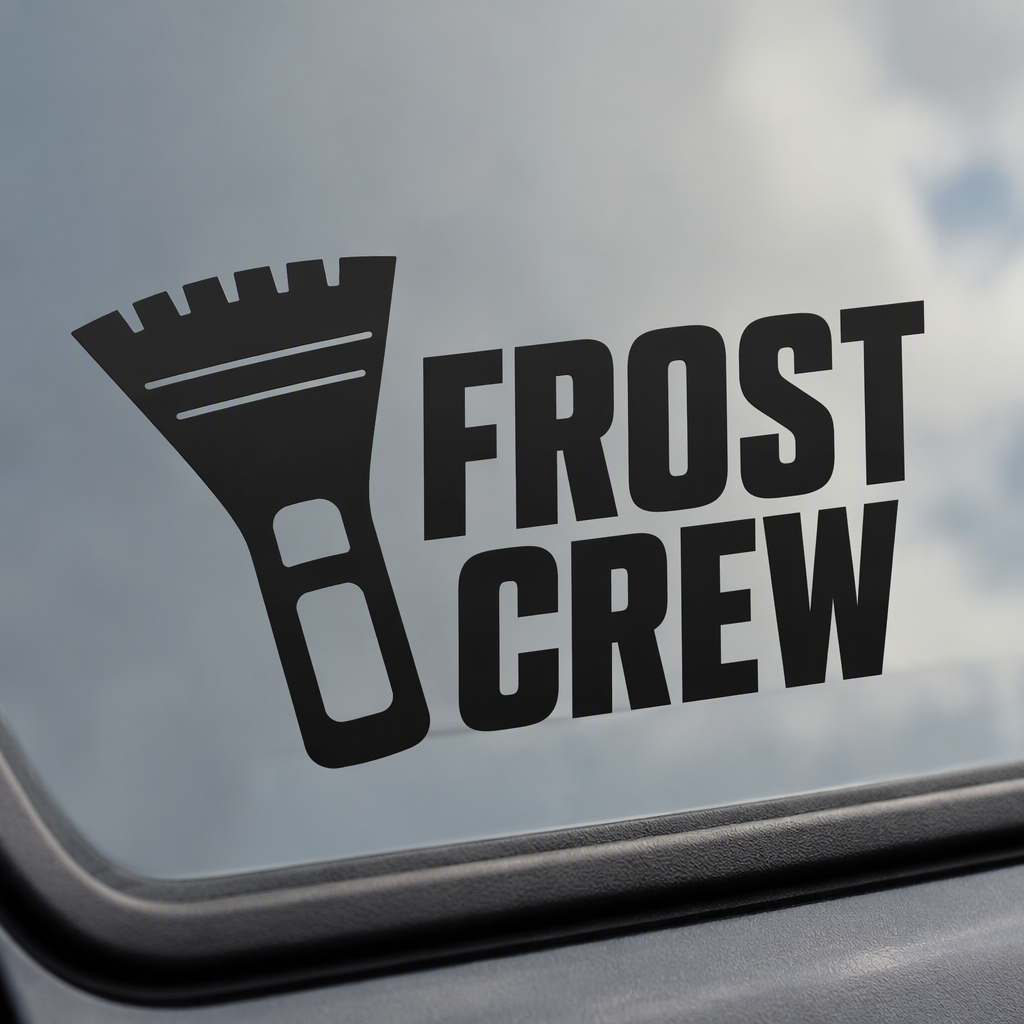 Bold black “FROST CREW” lettering appears beside a sturdy windshield scraper graphic, creating a playful yet practical nod to frosty mornings and winter driving.