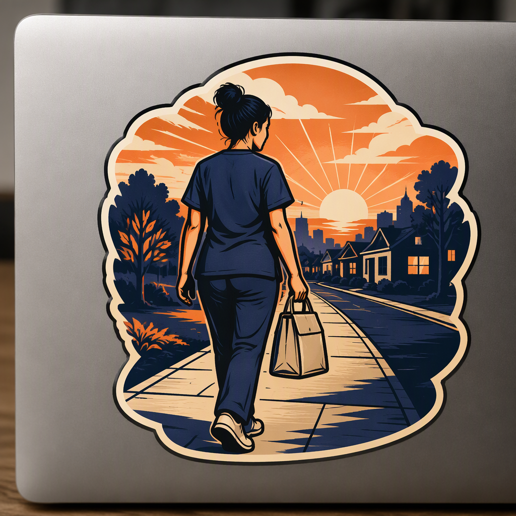 A geometric poster-style scene shows a hospital worker walking home with an unmarked lunch bag beneath a serene indigo, orange, and cream dawn sky.