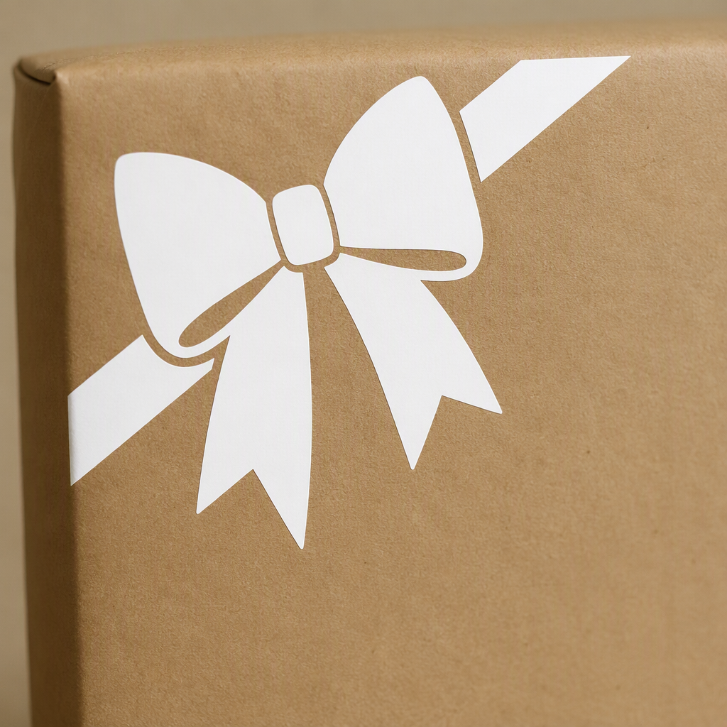 A broad white bow joined to a simple folded parcel corner creates an expressive, finished-gift look with no wording or background.