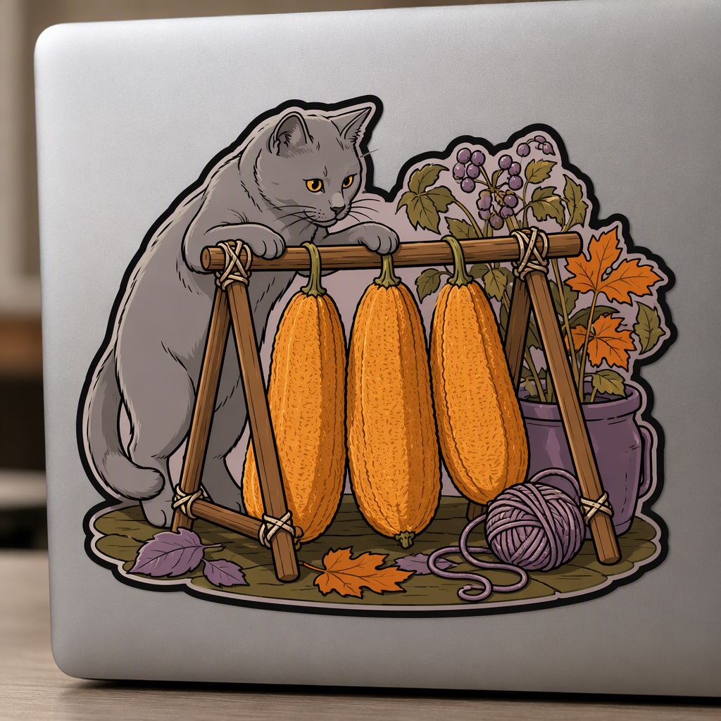 A gray cat pauses to inspect three loofah gourds arranged on a drying rack in this whimsical autumn garden craft illustration.