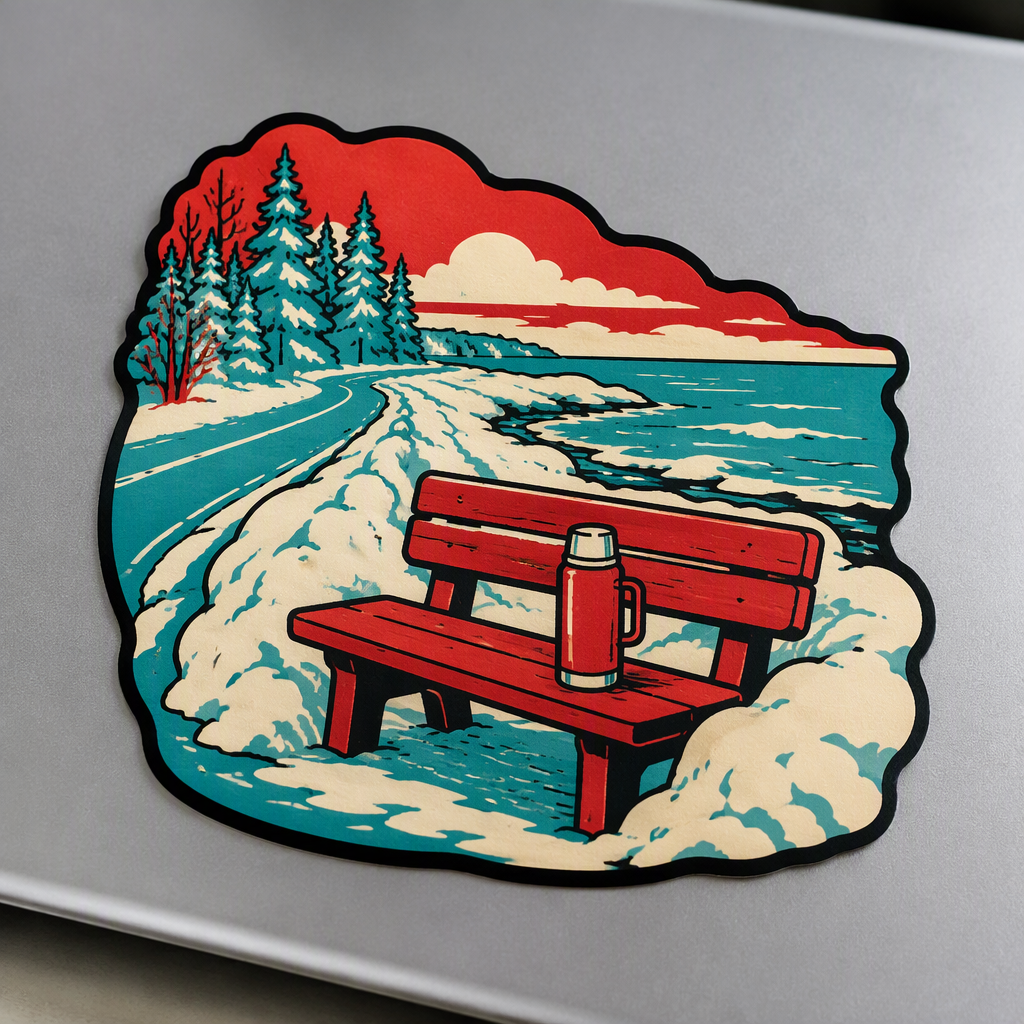 A cheerful folk-art illustration captures a Great Lakes roadside turnout with plowed snow, a bench, and a bright thermos in lively turquoise, red, and ivory.