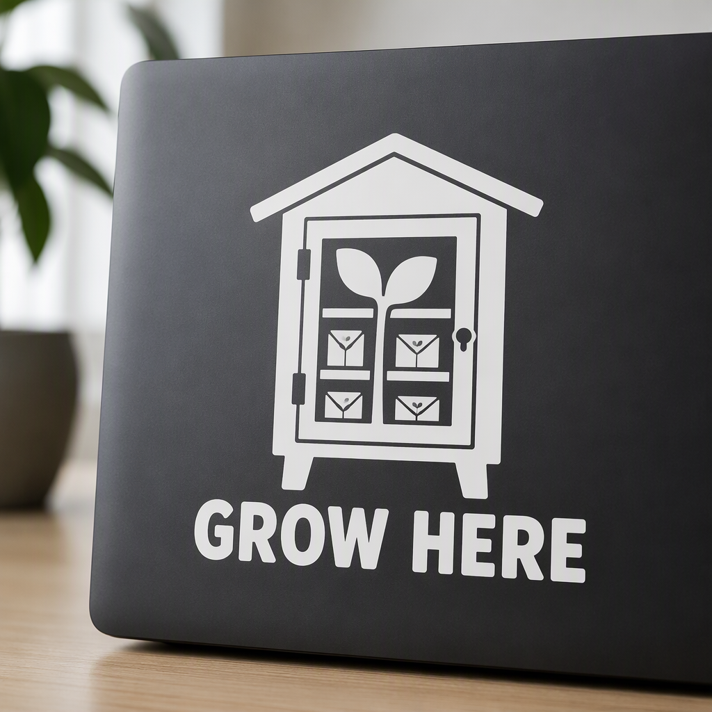 A small neighborhood seed library cabinet with a sprout opening appears above the clear white cut-letter message “GROW HERE.” This inviting transfer decal celebrates the simple idea that seeds, knowledge, and gardens thrive when neighbors share them.