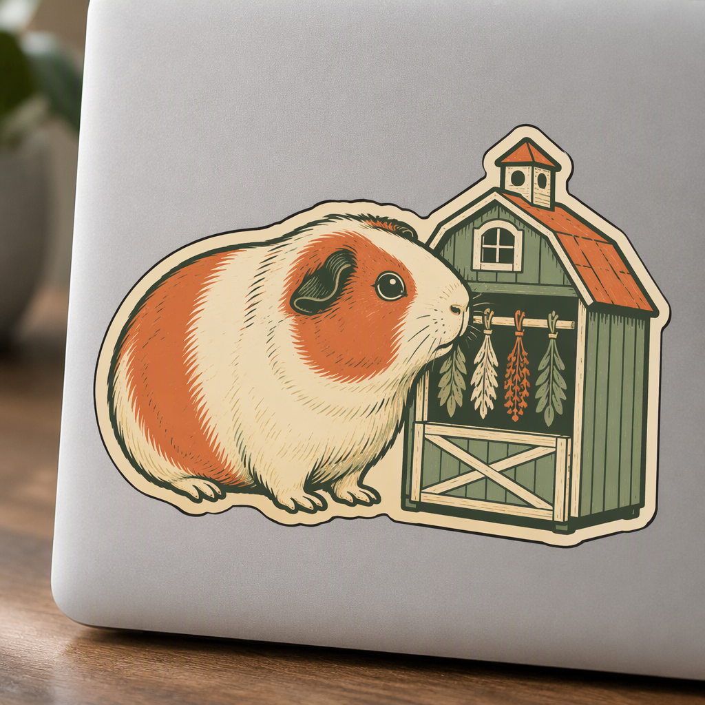 A plump guinea pig investigates a tiny ceramic herb dryer shaped like a little barn in this whimsical die-cut illustration.