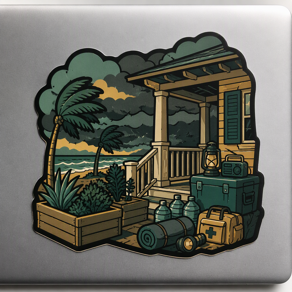 A calm Gulf Coast porch scene brings raised planters, neatly stacked storm supplies, and slate-gray clouds together in a connected irregular silhouette, with sea-green, clay, and warm gold color accents that echo soft cut-paper-inspired art.