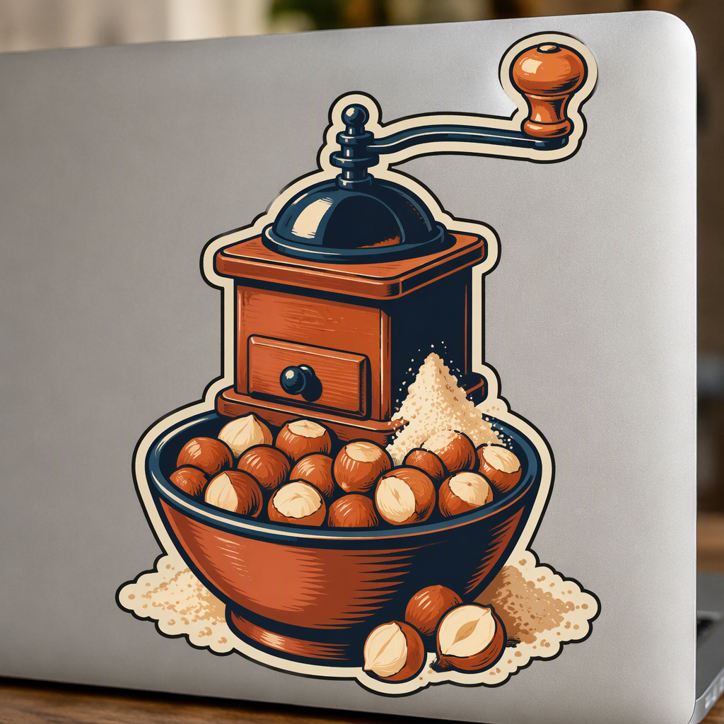 A nostalgic illustration of an old-fashioned hand-crank nut grinder paired with a bowl of hazelnuts brings the comforting spirit of holiday baking to everyday kitchen spaces.