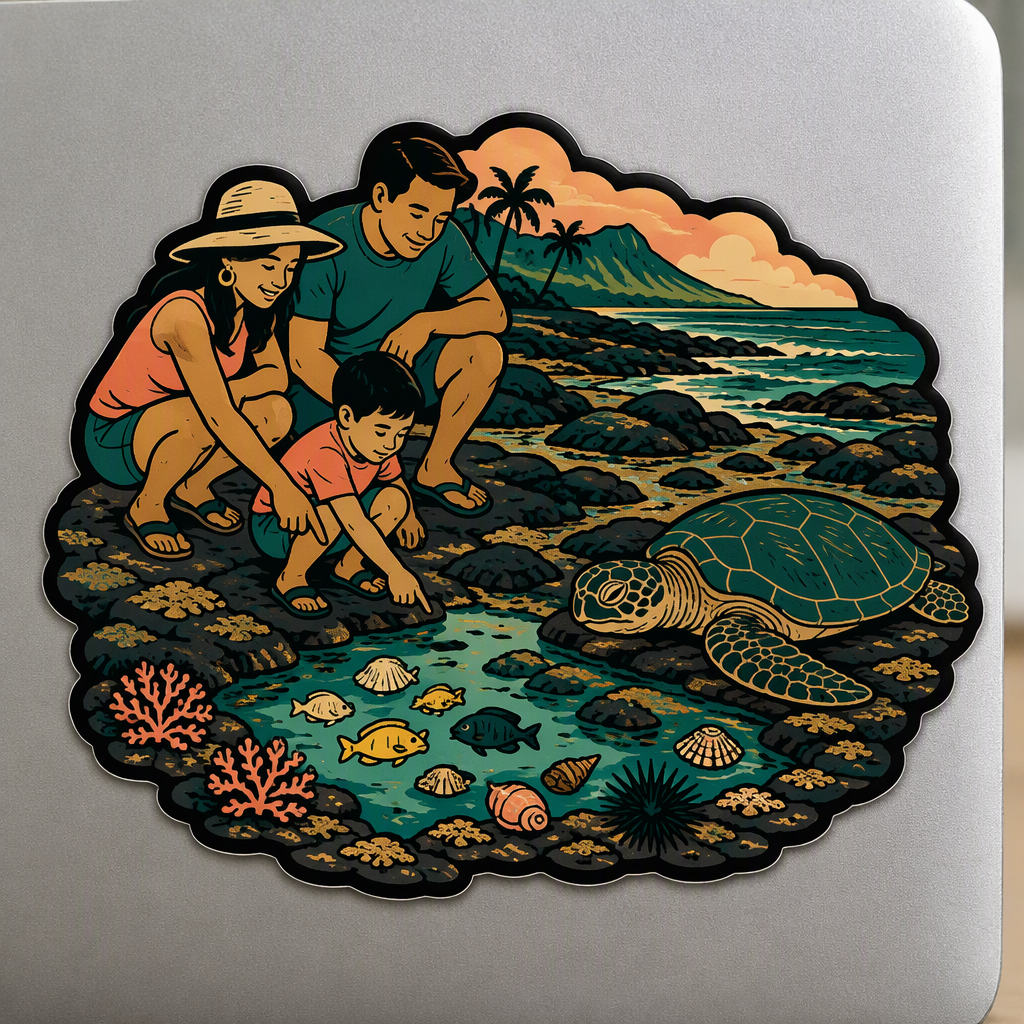 A bright folk-art coastal scene shows three family figures exploring a rocky Hawaii shoreline at low tide in deep teal, peach, and gold, with nearby tidepool wildlife observed respectfully.