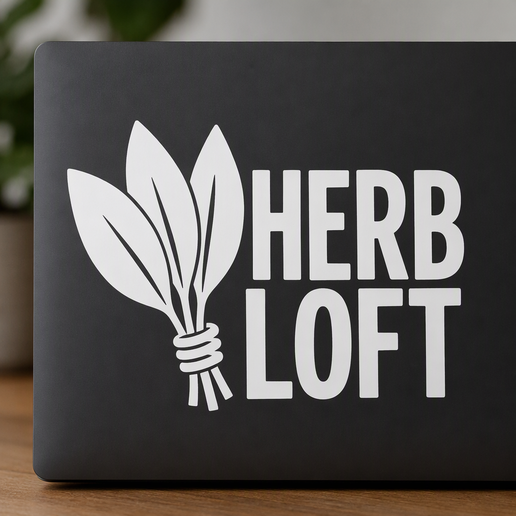 HERB LOFT appears in bold white lettering beside an inverted bundle of three broad sage leaves gathered with a stout knot.