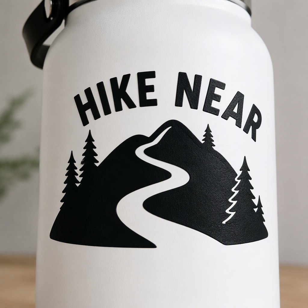 The black “HIKE NEAR” design pairs clean cut lettering with a simple local hill, trees, and a broad S-shaped trail.
