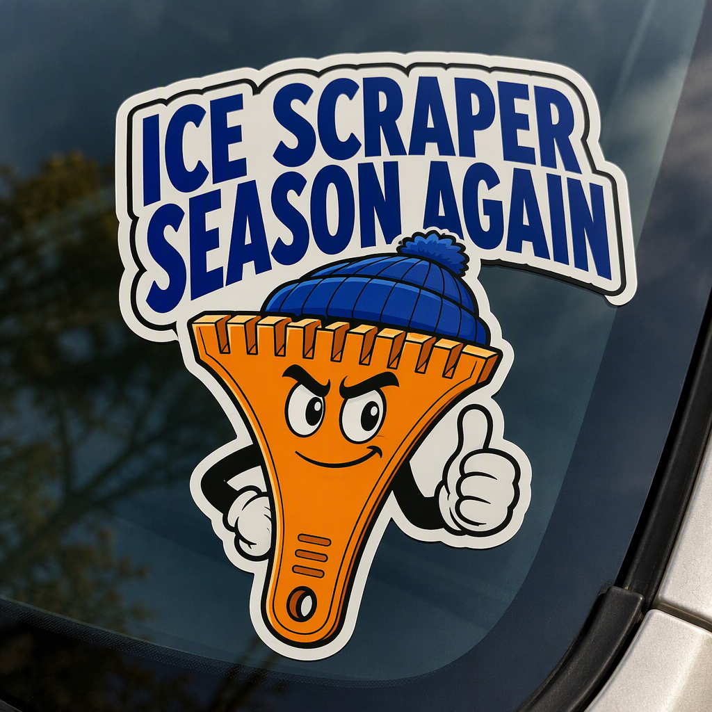 “ICE SCRAPER SEASON AGAIN” appears in bold cobalt lettering above an oversized orange windshield scraper in a plain knitted cap, creating a playful nod to frosty-morning routines.