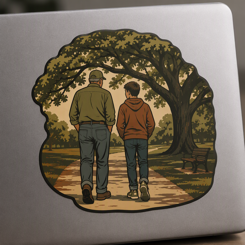A pair of civilian walking shoes and younger sneakers share a quiet park path beneath a broad oak canopy in this nostalgic multicolor die-cut sticker.