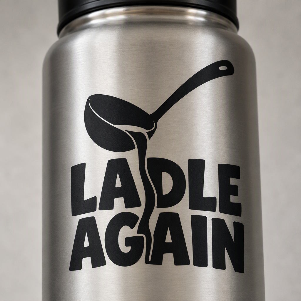 “LADLE AGAIN” appears in chunky black lettering beside a broad ladle pouring a single curved stream, creating a playful cooking-themed design with a clever, lighthearted message.