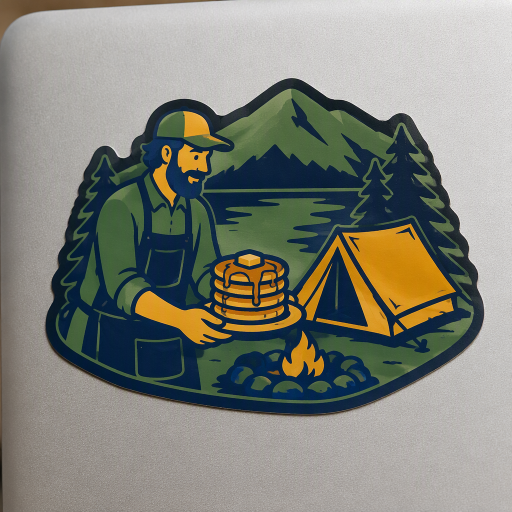A lakeside camper serving pancakes beside a simple tent creates a friendly, modern camping scene with a warm breakfast-in-the-outdoors feel.