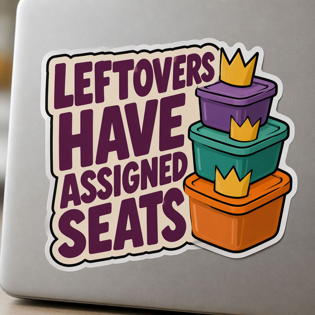 “LEFTOVERS HAVE ASSIGNED SEATS” is displayed in playful plum block letters alongside three stacked lidded food containers wearing simple paper crowns.