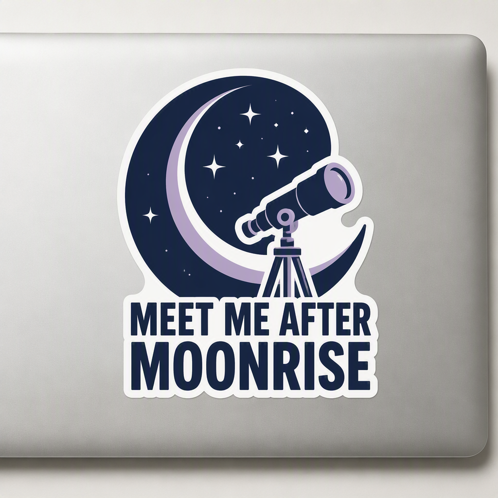“MEET ME AFTER MOONRISE” appears beneath a large crescent moon and telescope in this inviting astronomy-themed die-cut sticker.