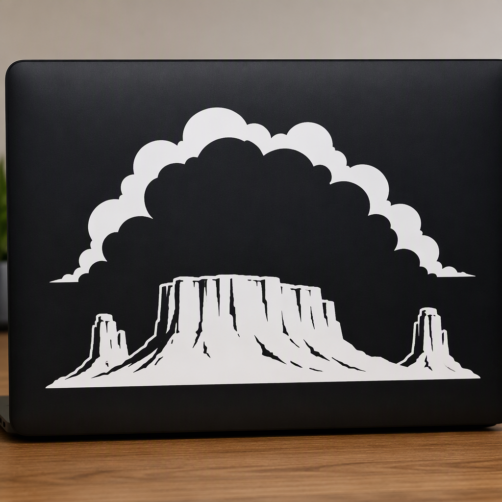 A wide white mesa silhouette beneath a single large cloud opening creates an expressive Southwestern landscape with a calm, open-air feel.
