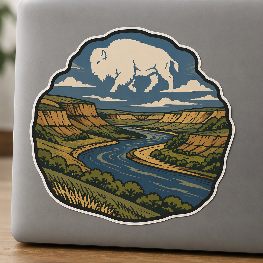 A curved Missouri River bend winds between prairie bluffs beneath a single bison-shaped cloud in this earthy ocher, sage, and indigo landscape design.