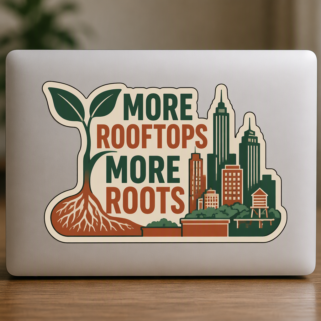 A large sprout rises above a simple skyline around the exact phrase “MORE ROOFTOPS MORE ROOTS,” creating an inspiring urban gardening message in crisp flat color.