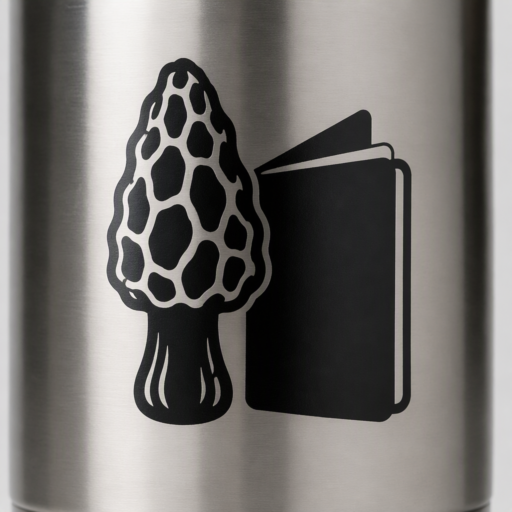 A broad morel mushroom stands beside a stout pocket field notebook in this clean black silhouette design, capturing the quiet focus of woodland observation and the simple pleasure of recording discoveries outdoors.