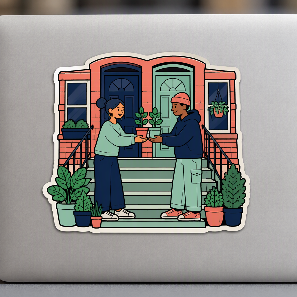 A bright folk-art-inspired scene shows two neighbors sharing potted seedlings on a brick apartment stoop, brought together in a connected die-cut silhouette with mint, coral, and navy details.
