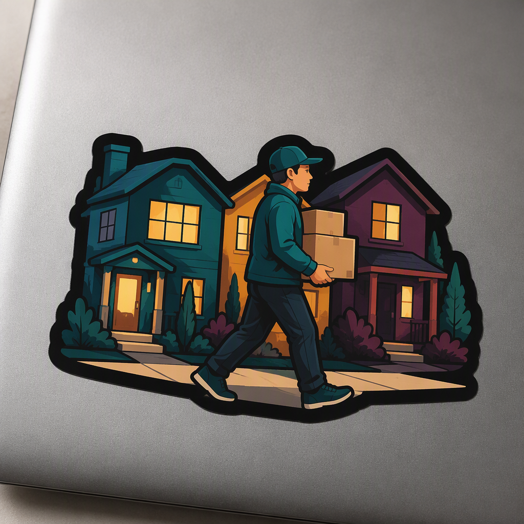 A friendly modern neighborhood scene features a courier carrying two parcels past a row of glowing teal, amber, and plum houses.
