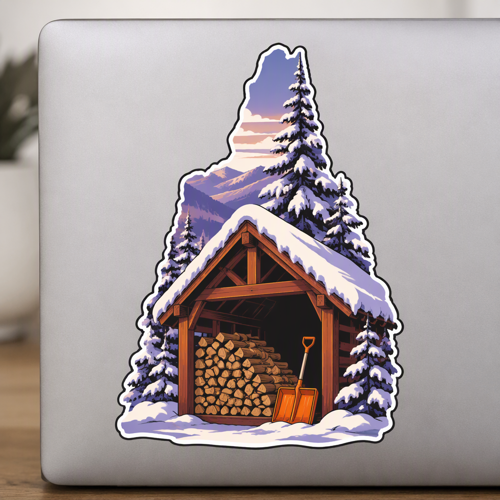 A cozy winter woodshed scene brings snow-laden roof beams, muted rustic wood tones, and a bright orange shovel together in an artistic design with a warm sense of shelter and seasonal readiness.