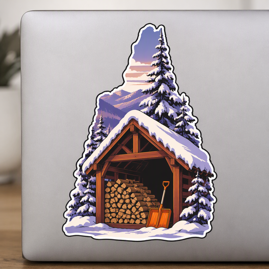 A cozy winter woodshed scene brings snow-laden roof beams, muted rustic wood tones, and a bright orange shovel together in an artistic design with a warm sense of shelter and seasonal readiness.