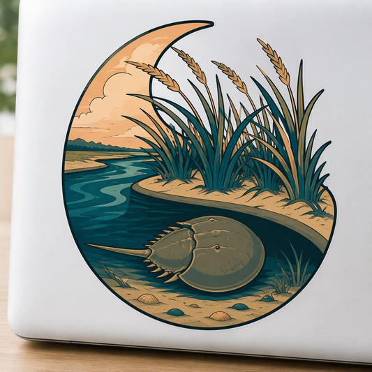 A crescent-shaped saltmarsh creek shelters a large horseshoe crab beneath broad dune grass in serene coastal travel art.