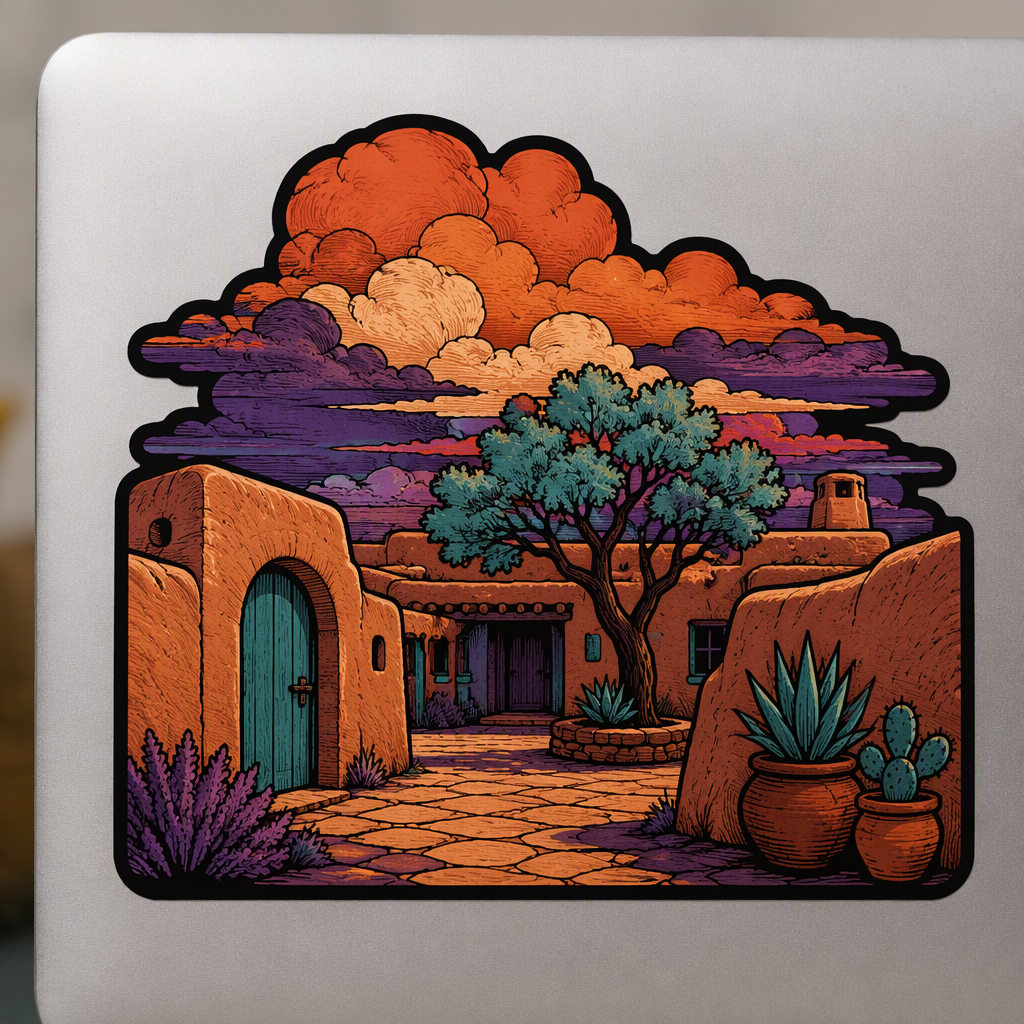 A warm New Mexico adobe courtyard rests beneath oversized layered sunset clouds in this compact die-cut artwork, where clay, violet, and turquoise create a striking Southwestern palette.
